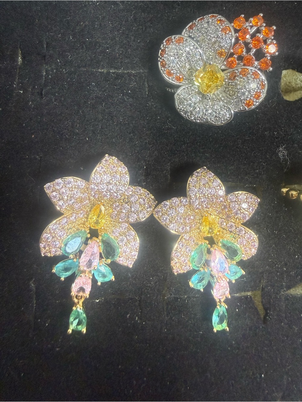 Luxury Floral Drop Earrings with Pink, Green & Yellow Stones